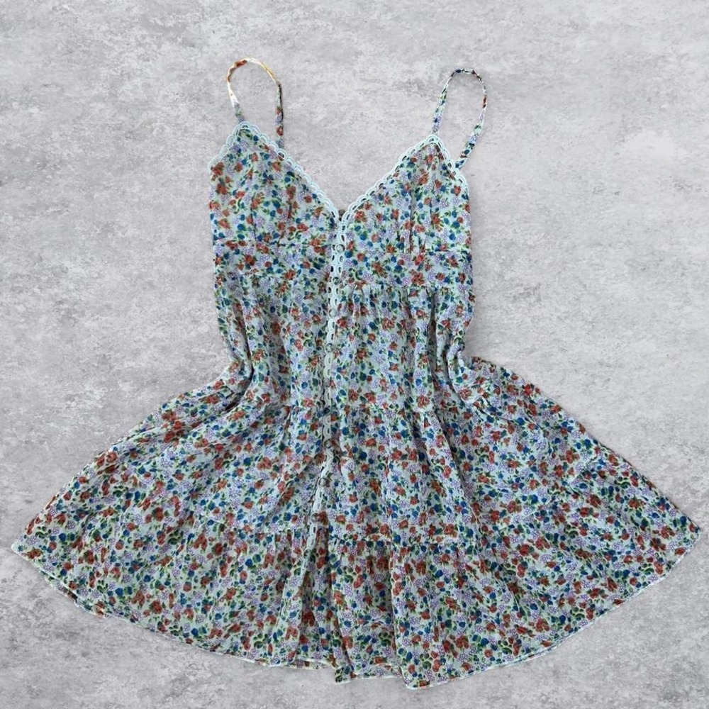 Multicolored Floral Mini Dress with Lace Trim Adjustable‎ Straps Button Front